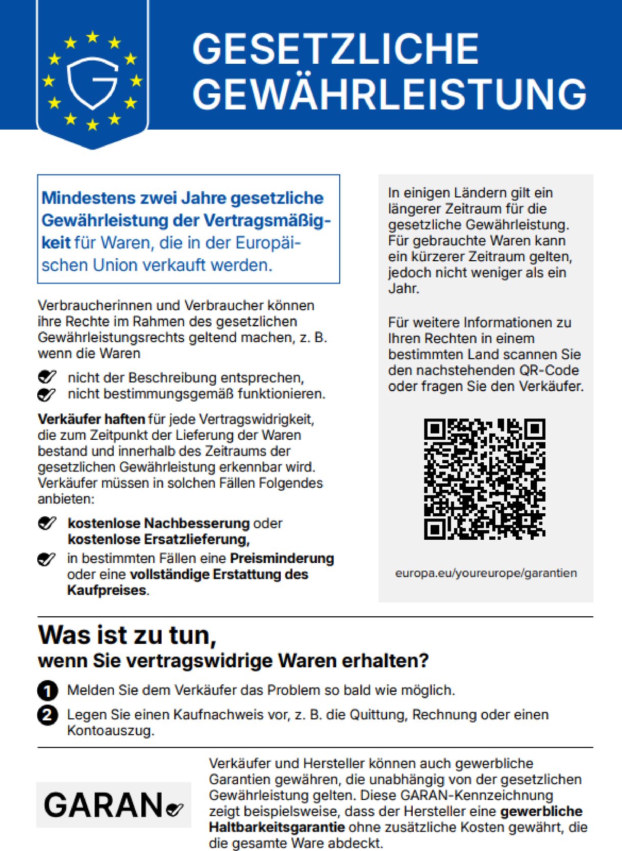 EU-Information zur gesetzlichen Gew&auml;hrleistung (mindestens 2 Jahre) inkl. QR-Code zu europa.eu/youreurope